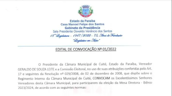 Câmara Municipal de Cuité realizará Eleição para escolha da Mesa Diretora em dezembro